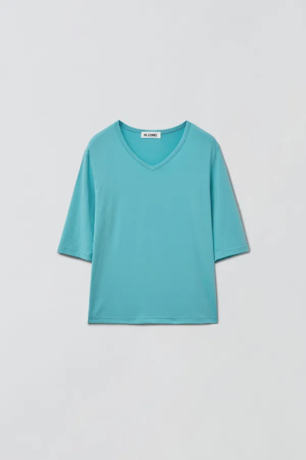 V-NECK MID SLEEVE T-SHIRT_AQUA