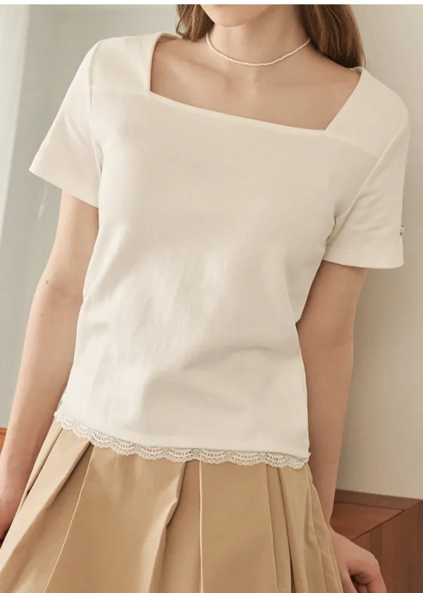  [44-120]  Merry Square Neck Back Strap Tee  메리 스퀘어 넥 백스트랩 티 (여름-마실룩-꾸안꾸-베이직-데일리룩-출근룩-오피스룩-기본템-스퀘어넥-다이마루-레이스-세미크롭-티셔츠-자체제작) 