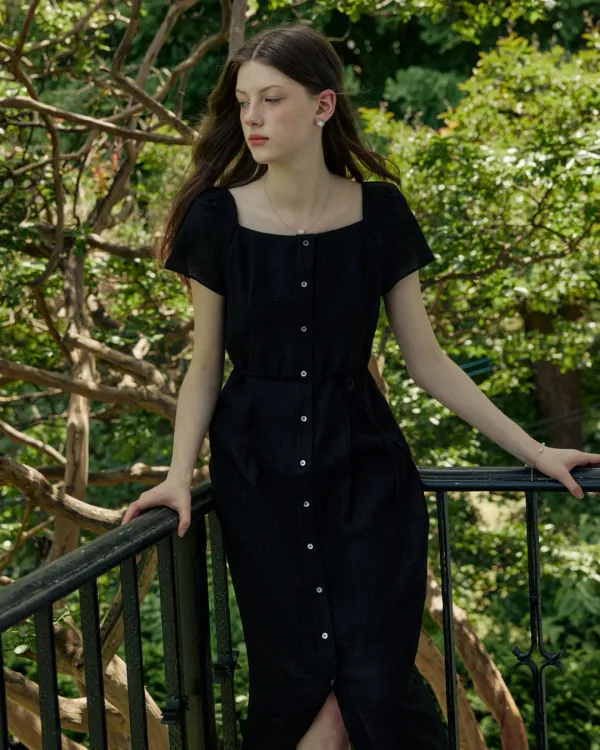 Square neck slim long dress - black