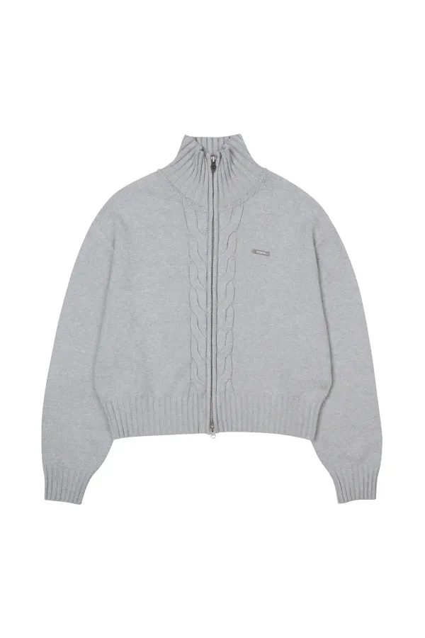 CABLE KNIT METAL LOGO ZIP-UP GREY