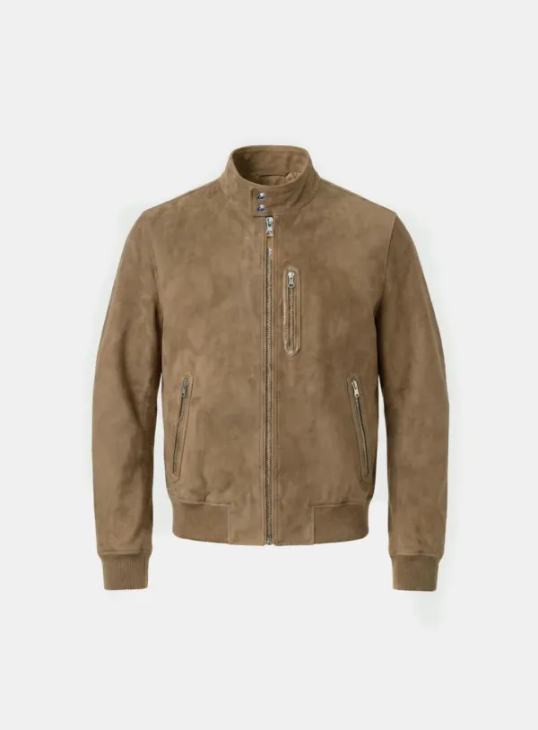 [w-jkt26-017] Arc Suede Contrast Bomber Jacket - Brown