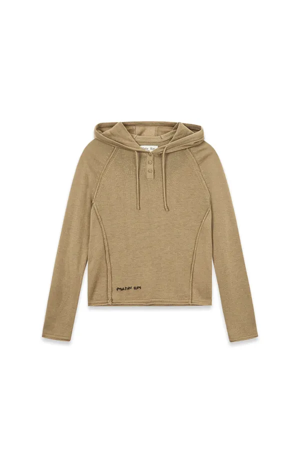BUTTON HOODY RAGLAN KNIT TOP IN KHAKI