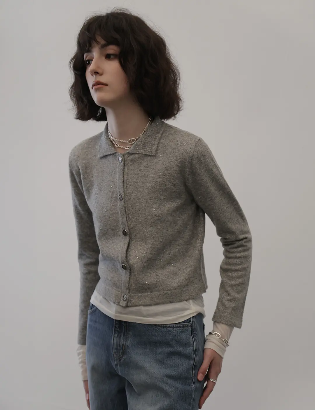 노미나떼 Collar Twinkle Cardigan (Silver Grey) 상품 이미지 2