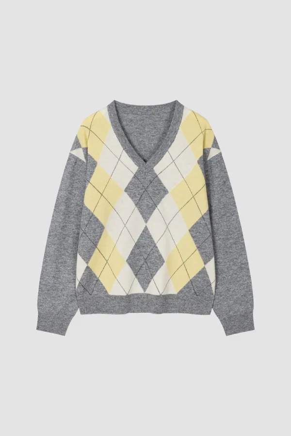 CLASSIC ARGYLE V-NECK KNIT_LEMON/GREY