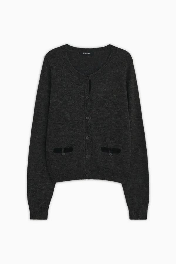 COLOR BLOCK POCKET KNIT CARDIGAN, CHARCOAL