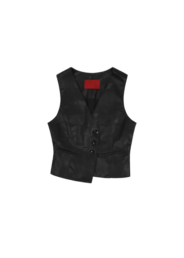LEATHER SLIM VEST, BLACK