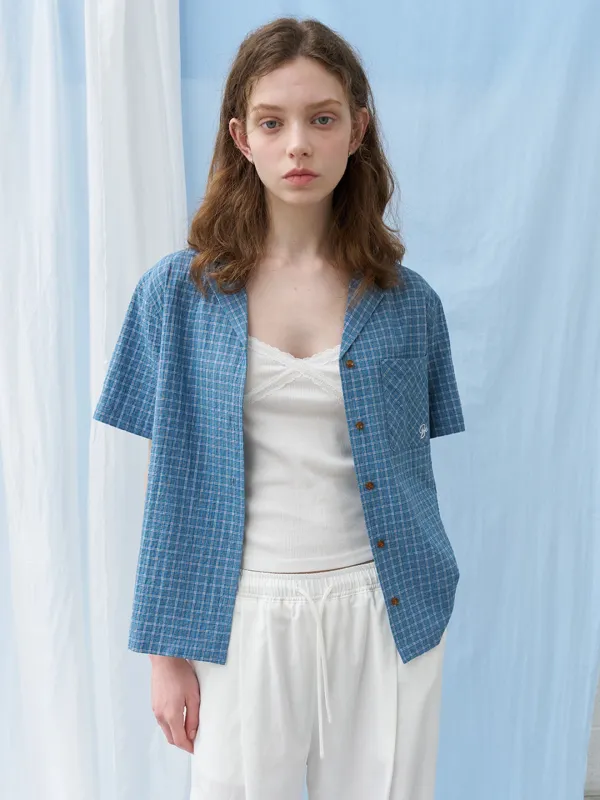 Stitched check half shirt [KNSS06SH06]_Blue