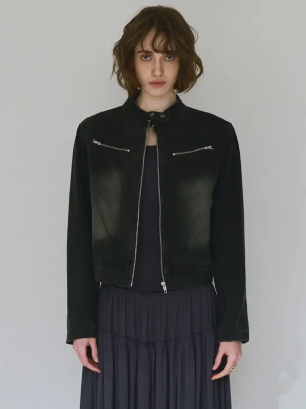 Washed Denim Racing Jacket [Stone Black]
