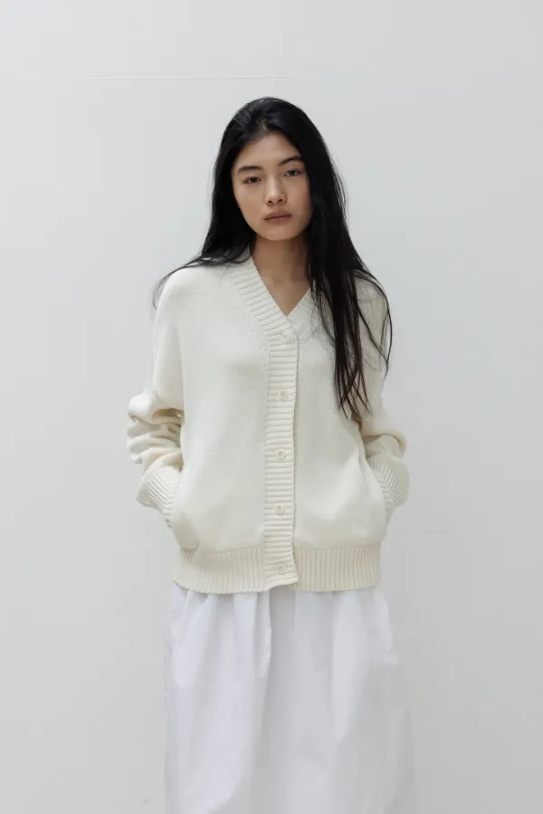Cotton V-Neck Button Cardigan (Cream)