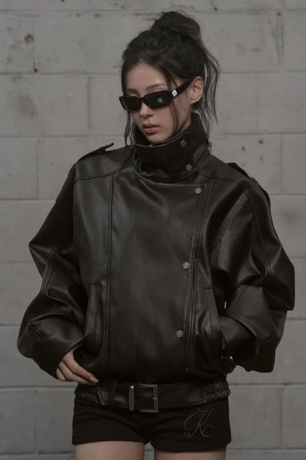 Structured High-Neck Leather Jacket (dark brown)
