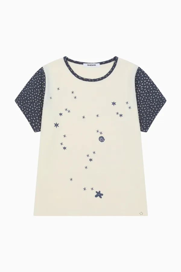 FLORAL TWO TONE T-SHIRT, CREAM
