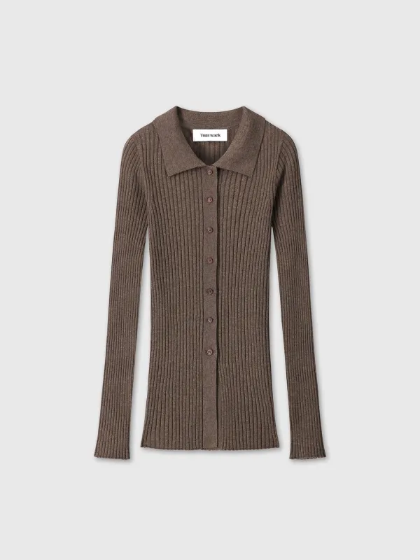 (W) SUPERFINE MERINO WOOL RIB CARDIGAN_ BROWN
