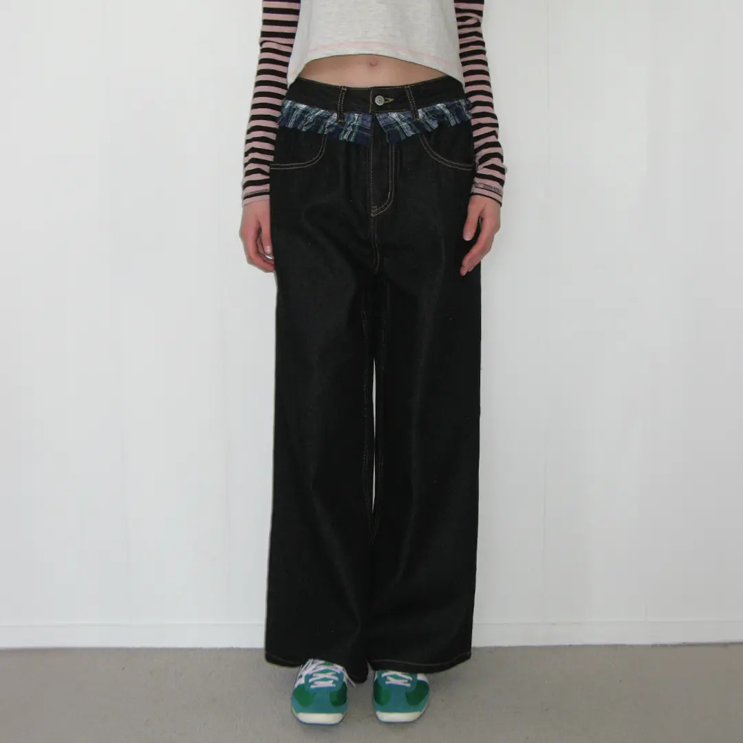론론 CHECK FRILL LAYERED DENIM PANTS BLACK 상품 이미지 2