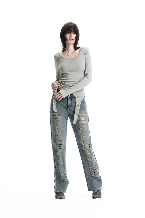 Low-Rise Scratch Damage Slim-Fit Denim [ Blue ]