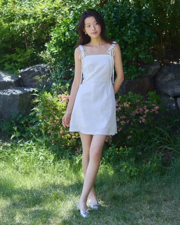 Dot jacquard ribon mini dress - white