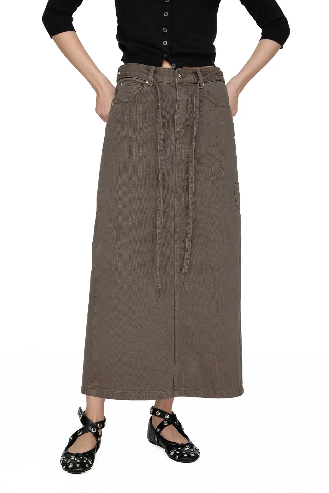 썬번프로젝트 STRING COLOR DENIM MAXI SKIRT, BROWN 상품 이미지 2