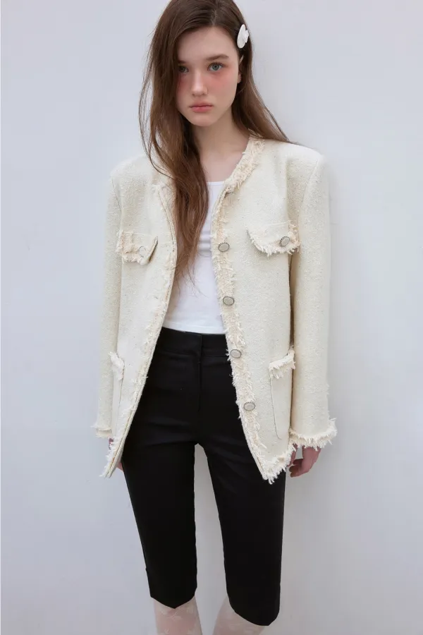 VINTAGE TRIMMING GLOW TWEED JACKET (IVORY)