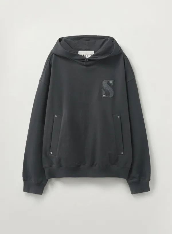 Small Rivet Applique Pocket Logo Hoodie - Charcoal