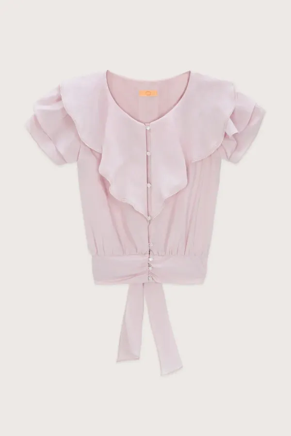 V-Neck Ruffle Blouse (Light Pink)