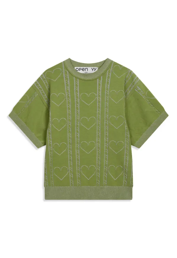 HEART&CABLE CREWNECK KNIT, GREEN