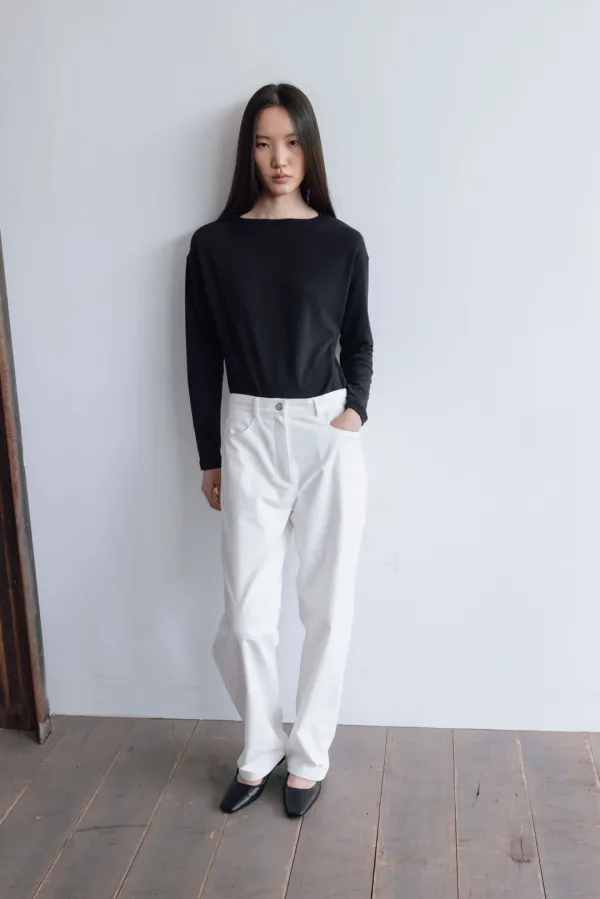 Wool blend relaxed boat neck T-shirt_black