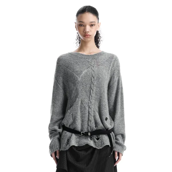 Distressed Cable-Knit Top [ Gray ]