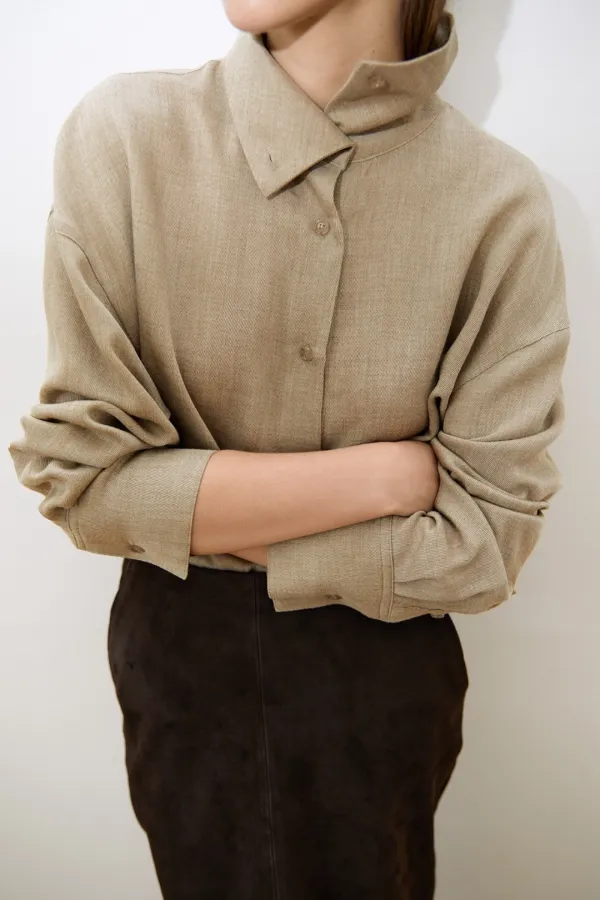 Kelis High Neck Wool Shirt (Beige)