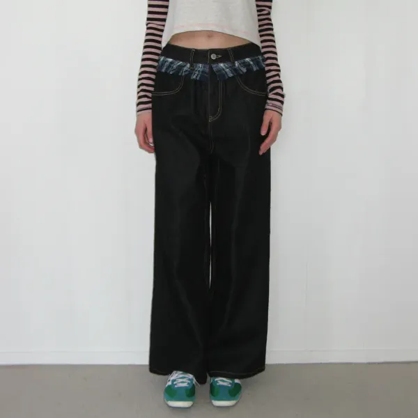 CHECK FRILL LAYERED DENIM PANTS BLACK