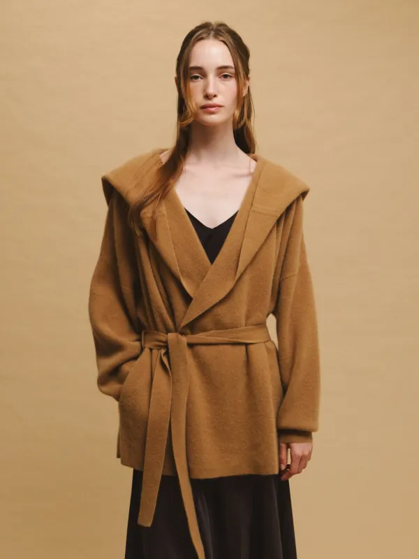 KASIA raccoon shawl-collar belted cardigan_camel