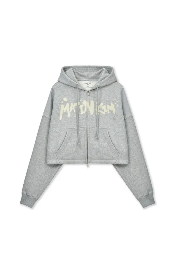 GRAFFITI LOGO CROP HOODY ZIP UP IN GREY