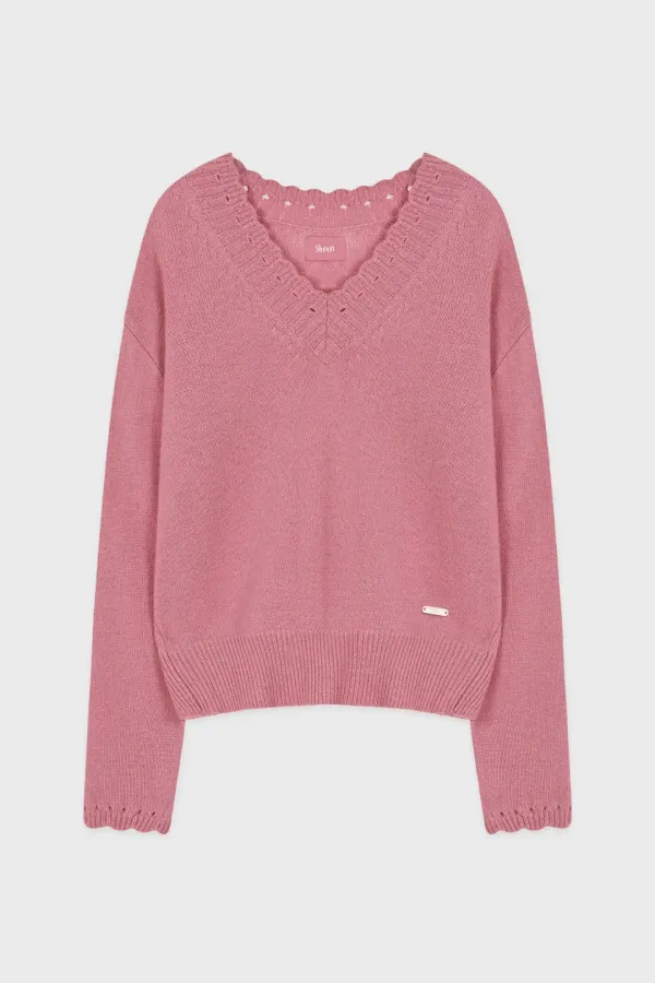 Scallop V-Neck Pullover Knit (Rose)