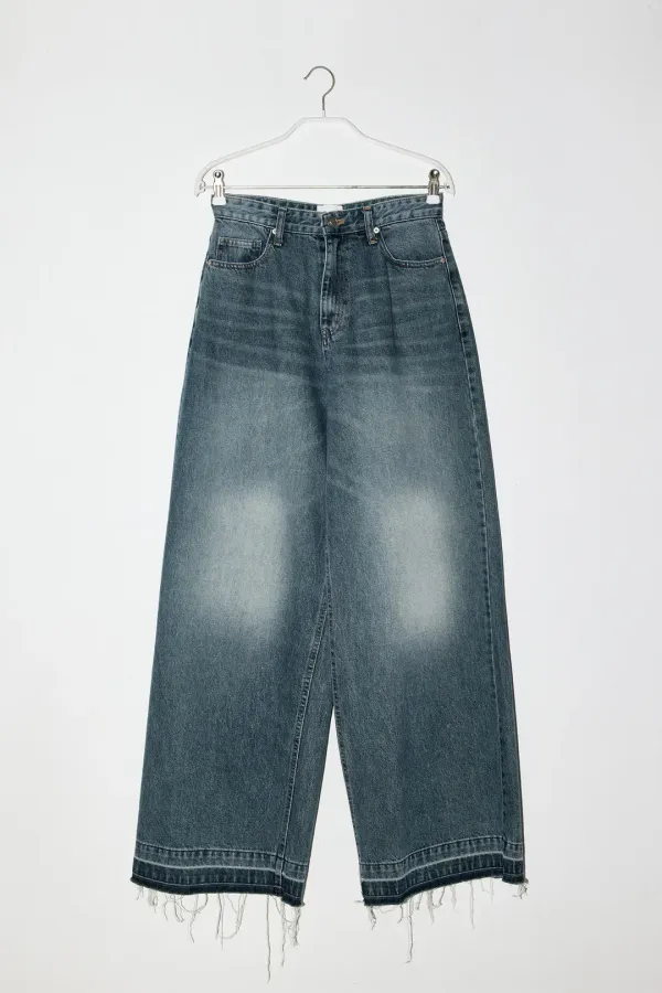 VINTAGE DAMAGE WIDE DENIM PANTS - BLUE