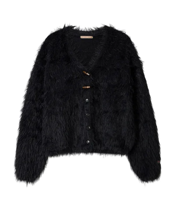 Posy Fur V Neck Cardigan-Black