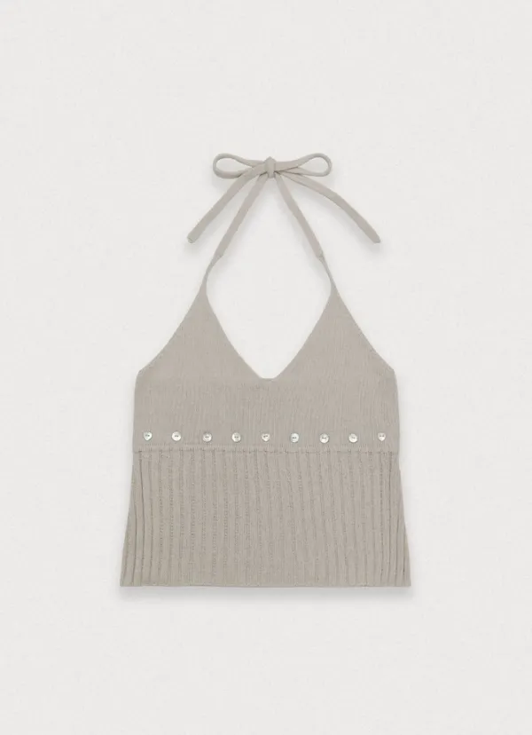 [2nd/restock] Button halter knit sleeveless - oatmeal