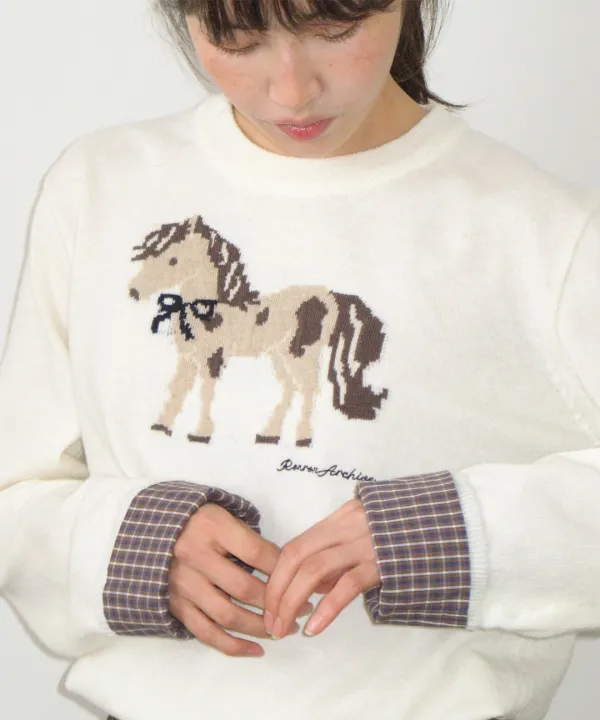 PONY CHECK CUFFS KNIT PULLOVER CREAM