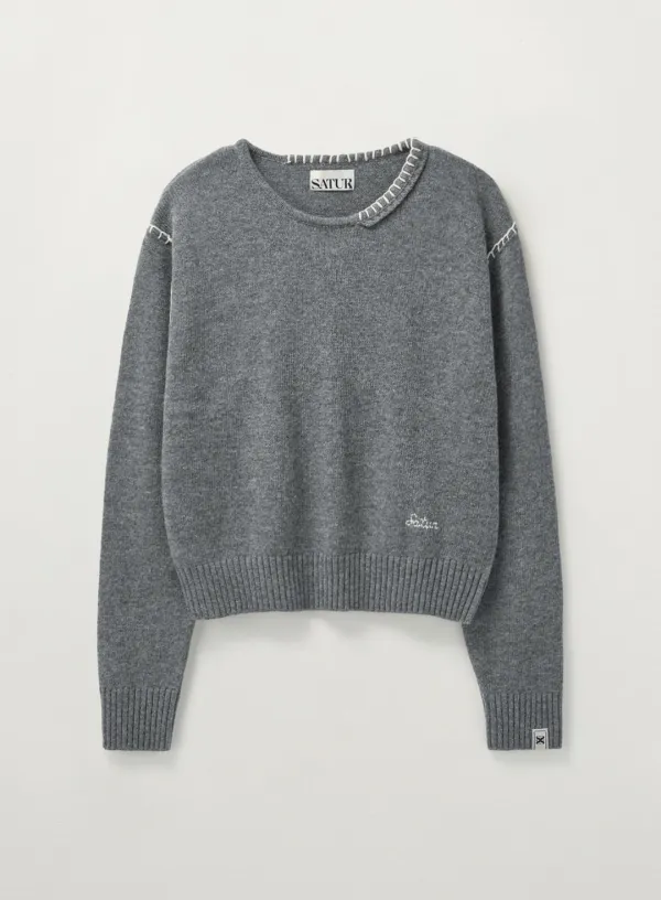 (W) Contrast Stitch Semi Crop Knit - Charcoal