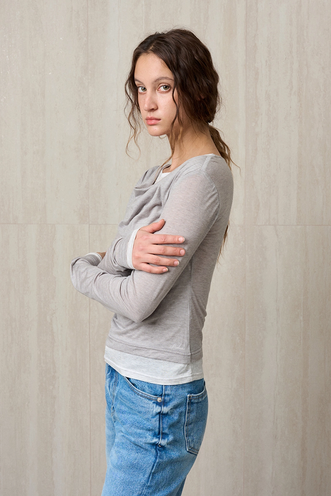 리이 WOOL JERSEY LAYERED TOP MELANGE GRAY 상품 이미지 2