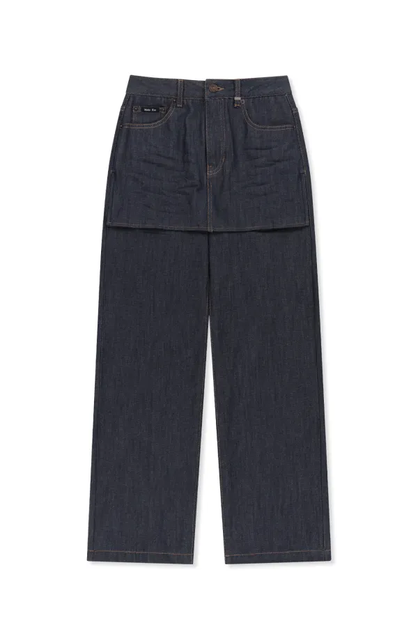SKIRT OVERLAY DENIM PANTS IN DARK NAVY
