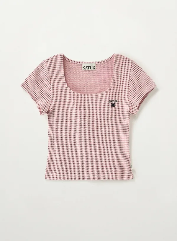 (W) Square Neck Crinkle T-shirt - Red