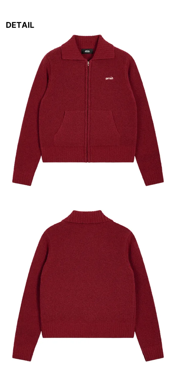 (W) BOUCLE KNIT ZIP CARDIGAN-RED