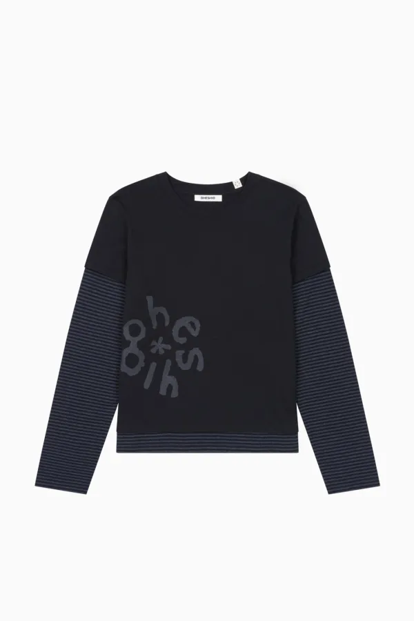 LOGO LAYERED STRIPE LONG T-SHIRT, NAVY
