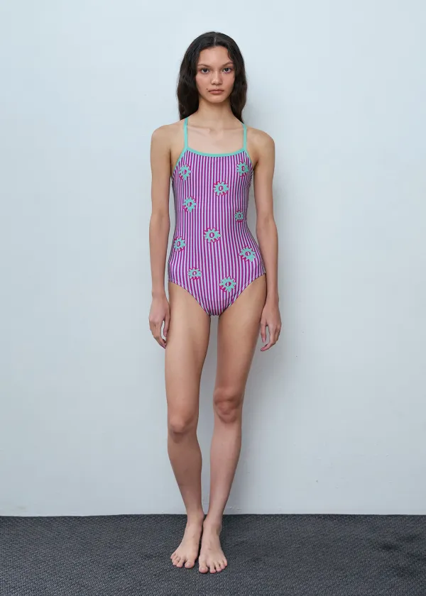 [Active] Flower Stripe One-Piece Swimsuit_Plum
