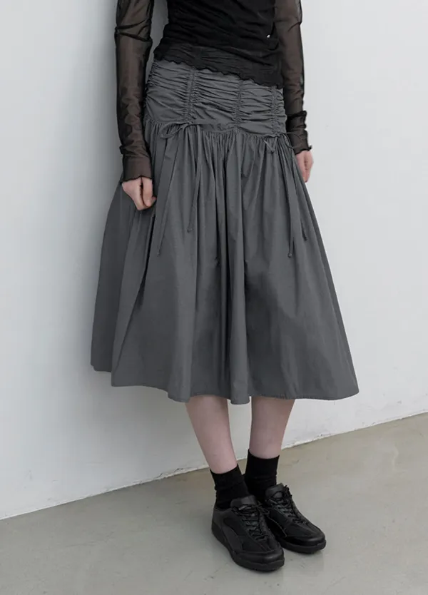(SK-5079)MICRO CHECK SHIRRING MIDI SKIRT