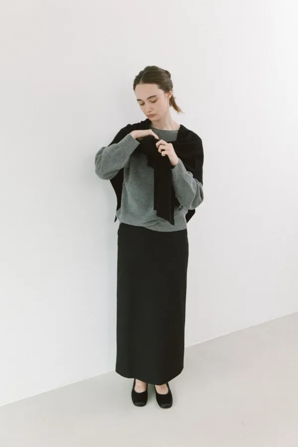 LONG MAXI HERRINGBONE WOOL SKIRT [ CHARCOAL / BLACK ]