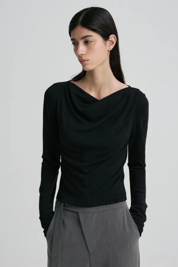 COWL-NECK FITTED LONG-SLEEVE TOP BLACK