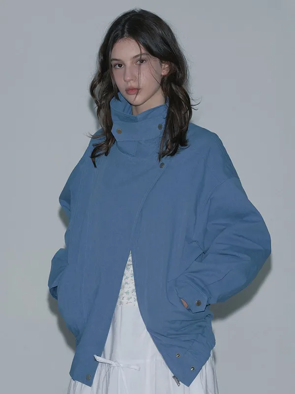HIGH-NECK COTTON BOMBER JACKET (BLUE)
