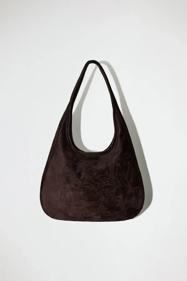SUEDE EMBROIDERY HOBO BAG - BROWN