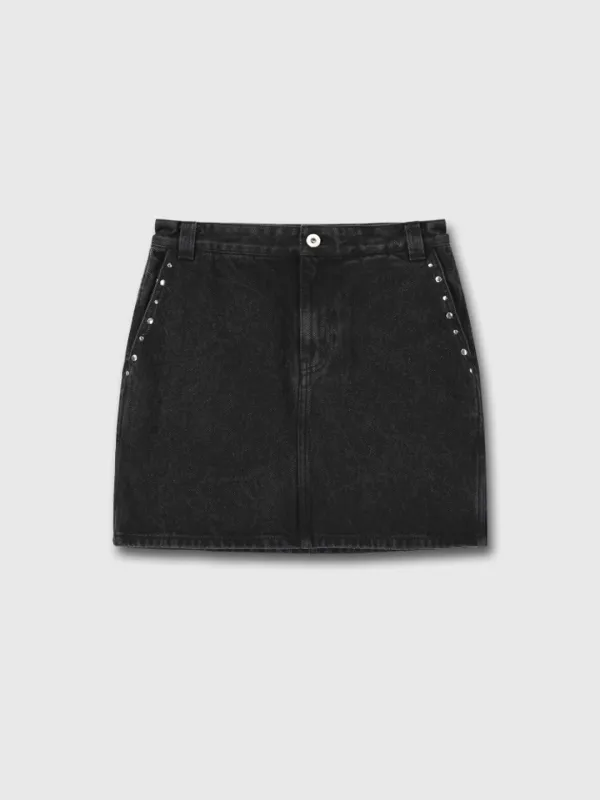 METAL STUD DENIM SKIRT_ FADED BLACK