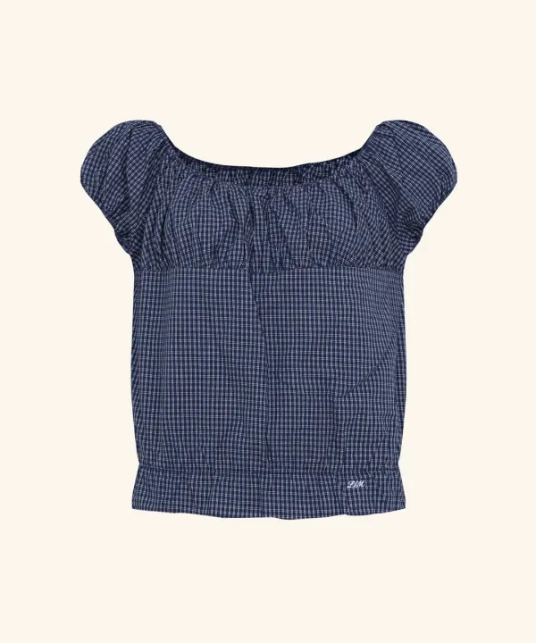 [S 6/12 순차배송] Monte Banding Frill Check Blouse ( Navy )