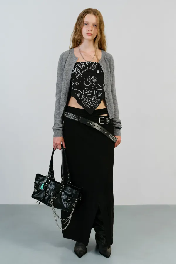 BELT DETAIL JERSEY LONG SKIRT - BLACK